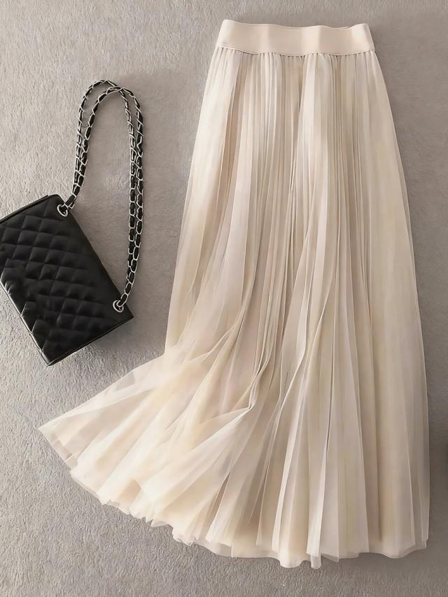 elegant pleated mesh a-line skirt in light beige