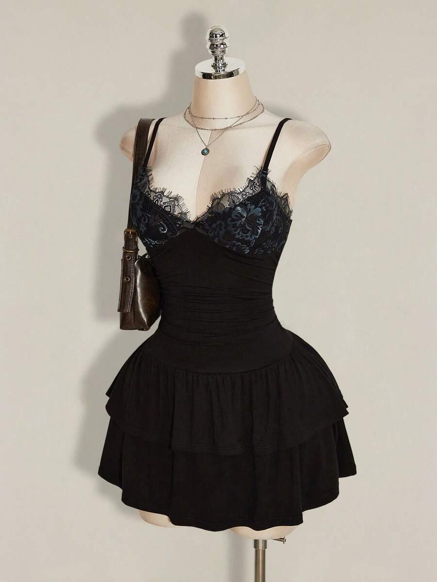 elegant lace patchwork double-layer ruffle hem dress