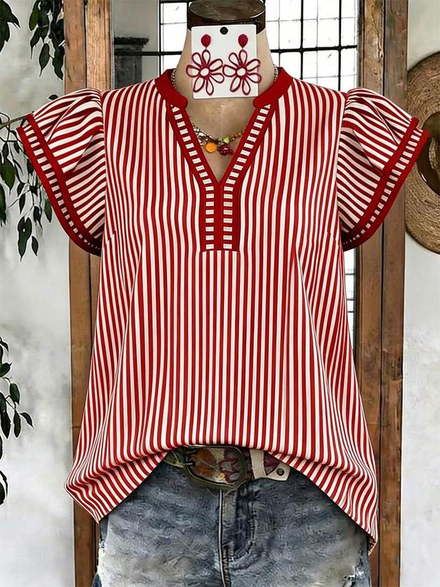 casual striped v-neck top with contrast puff sleeves