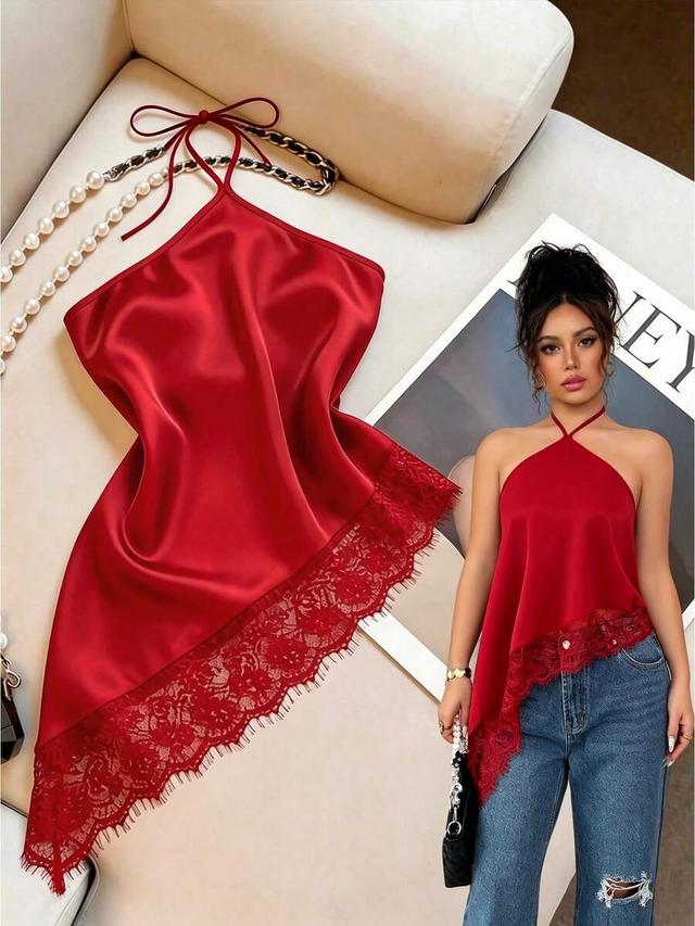 red satin halter neck tank with asymmetrical lace hem