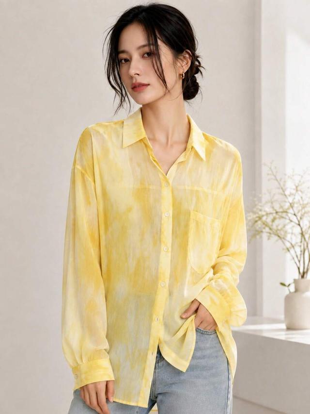 yellow tie-dye sheer lightweight long sleeve blouse