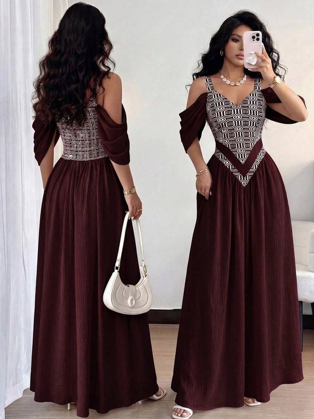 burgundy off-shoulder retro print a-line vacation dress