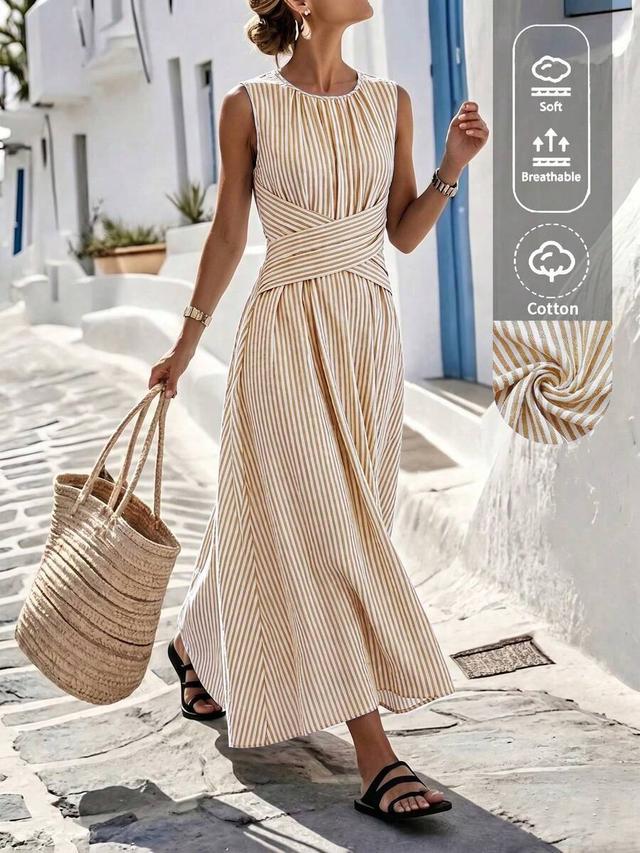 striped sleeveless cinched waist maxi dress