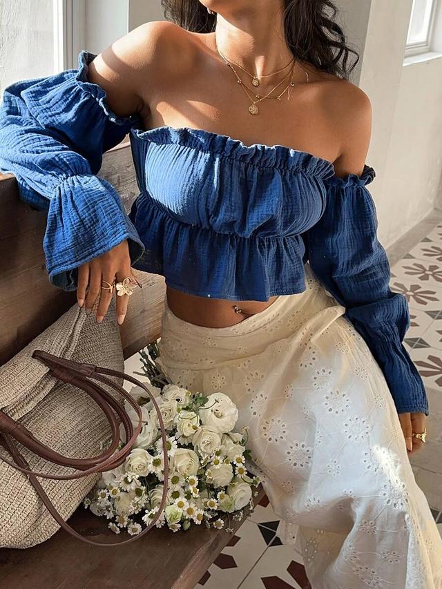 solid blue off-shoulder crinkled cotton crop top