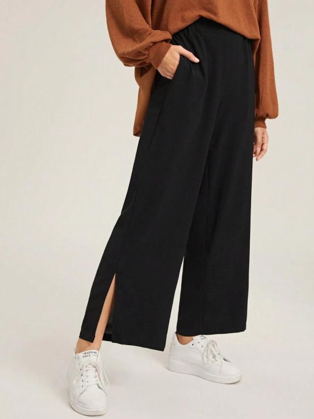 black split hem wide leg trousers