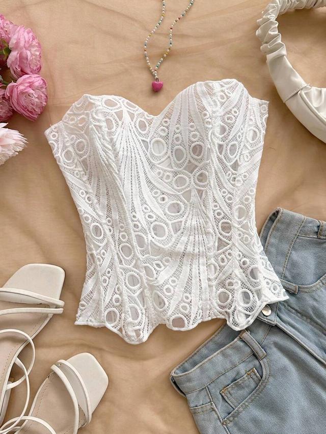 white hollow embroidered lace corset bustier top
