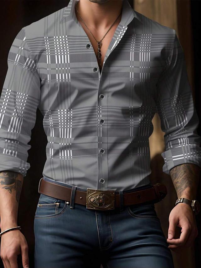 men's grey plaid long sleeve button-down shirt