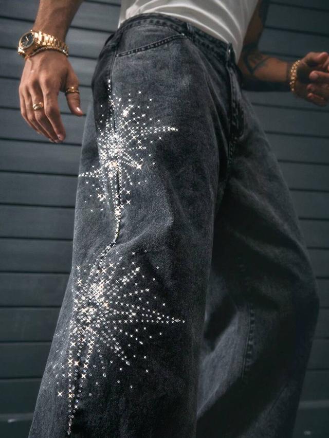 axepeak men's long straight-leg rhinestone decorated jeans