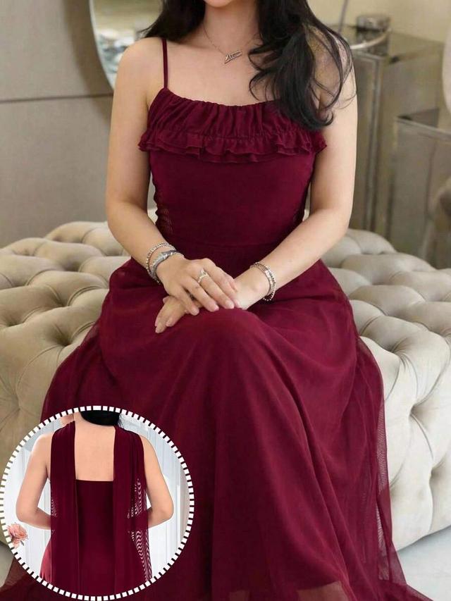 burgundy ruffle mesh splice camisole long dress