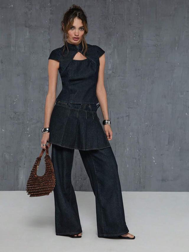 courez cap sleeve front cut out fitted denim top