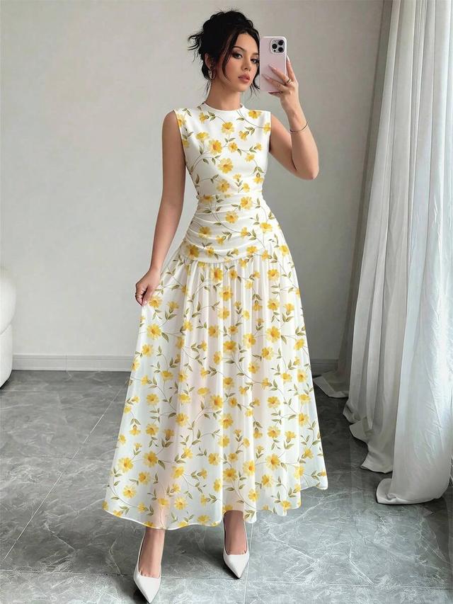 yellow floral print sleeveless ruched waist maxi dress