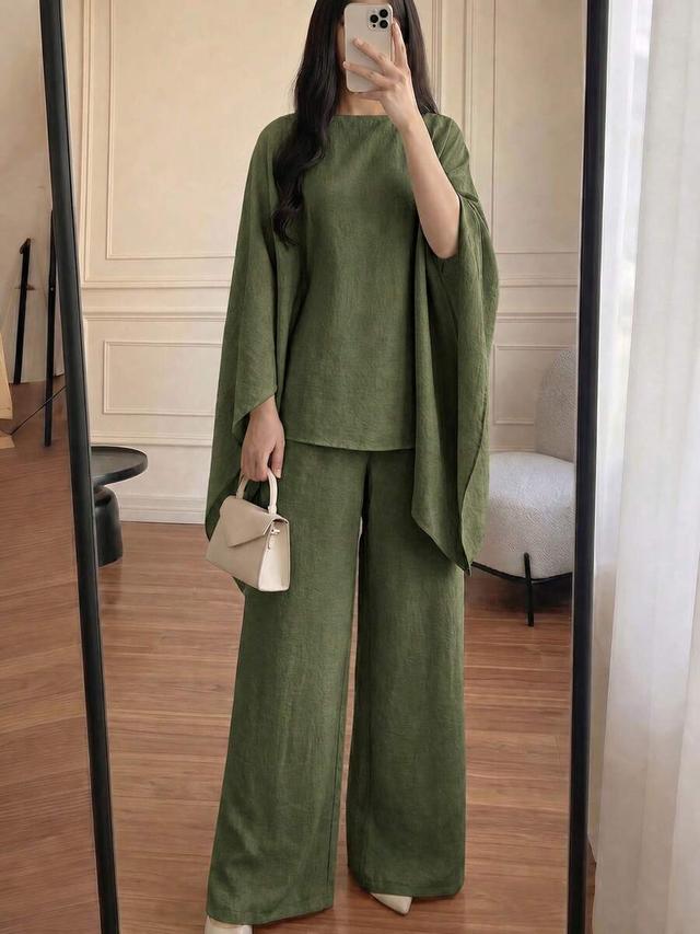 olive green batwing sleeve relaxed linen blend top