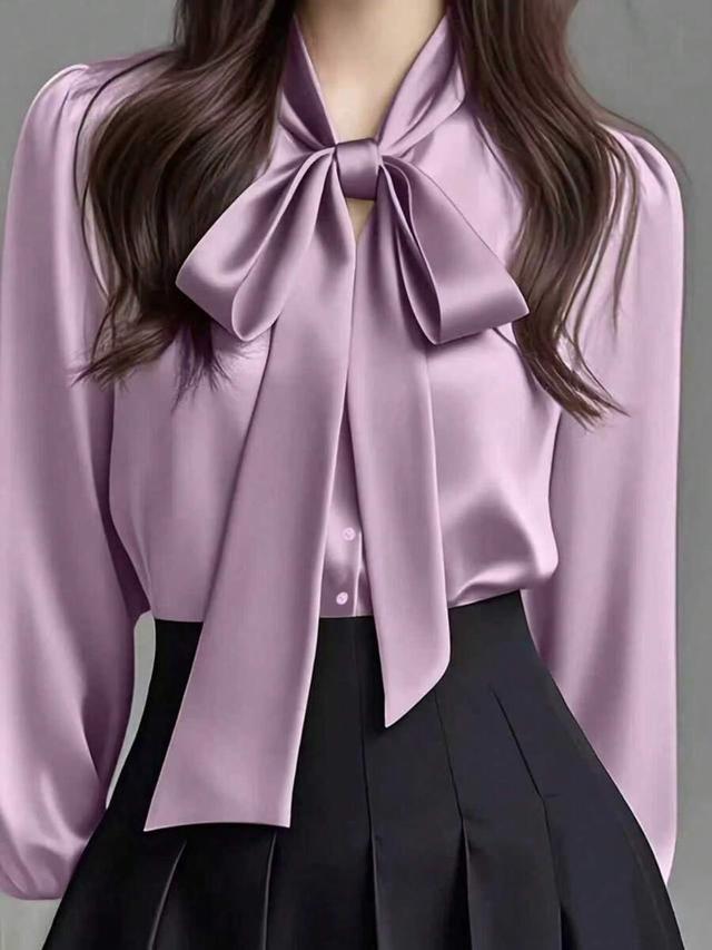 elegant satin long sleeve bow neck blouse