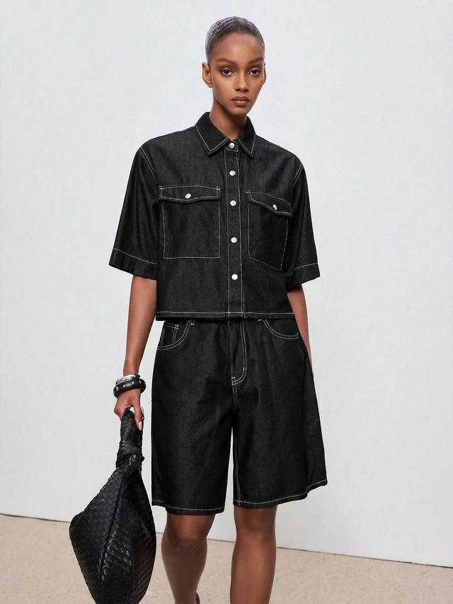 black denim single-breasted mid-sleeve top and shorts set
