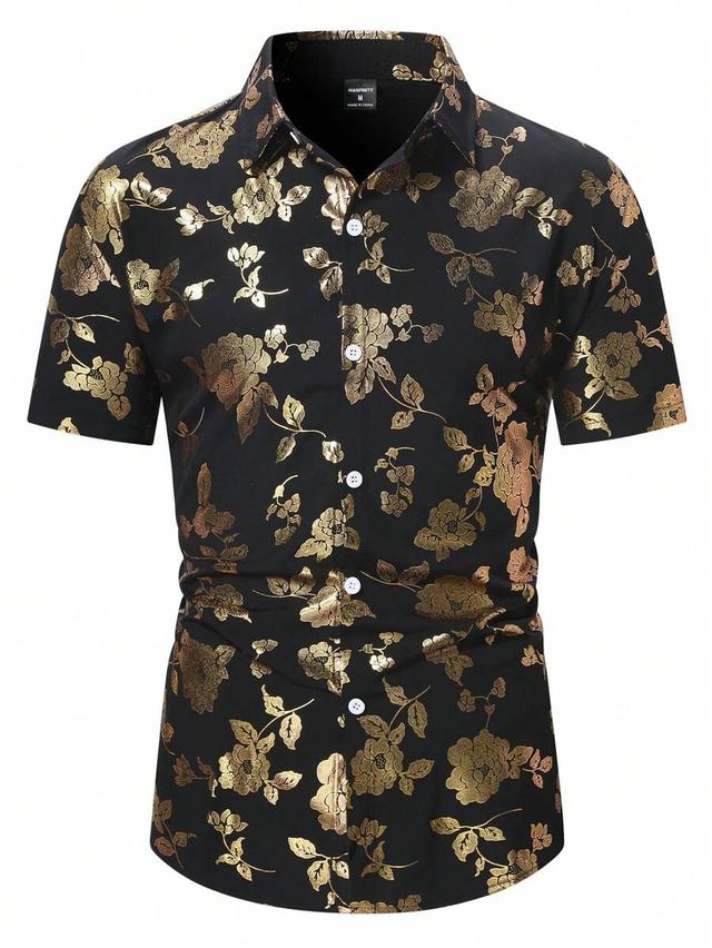 gold floral print slim fit short sleeve shirt