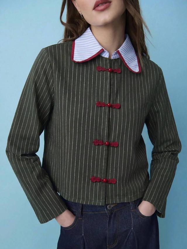 nöista burgundy striped long-sleeve fitted top with contrast collar