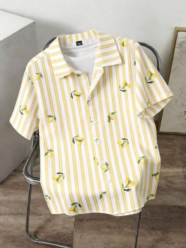 casual yellow striped lemon print short sleeve shirt