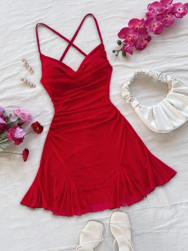 red draped neck backless mesh fishtail mini dress