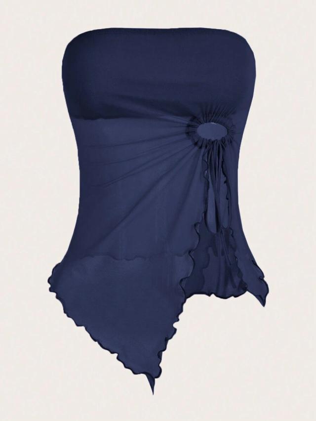 navy blue asymmetrical strapless top with ring detail