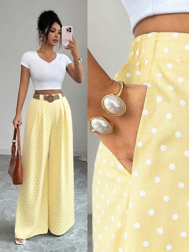 yellow polka dot high-waisted wide leg culottes