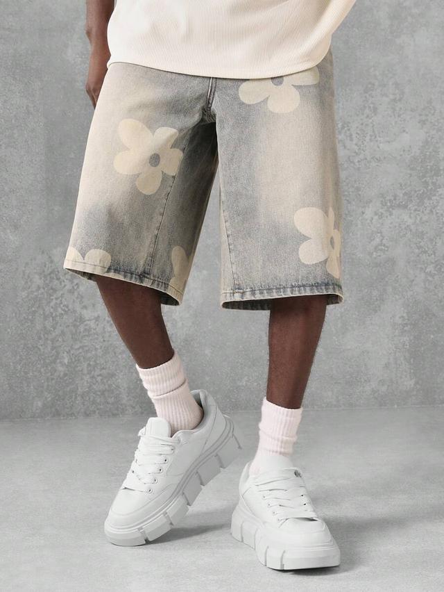 floral print vintage wash denim bermuda shorts
