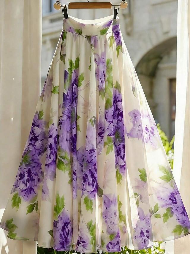 light purple floral print a-line midi skirt
