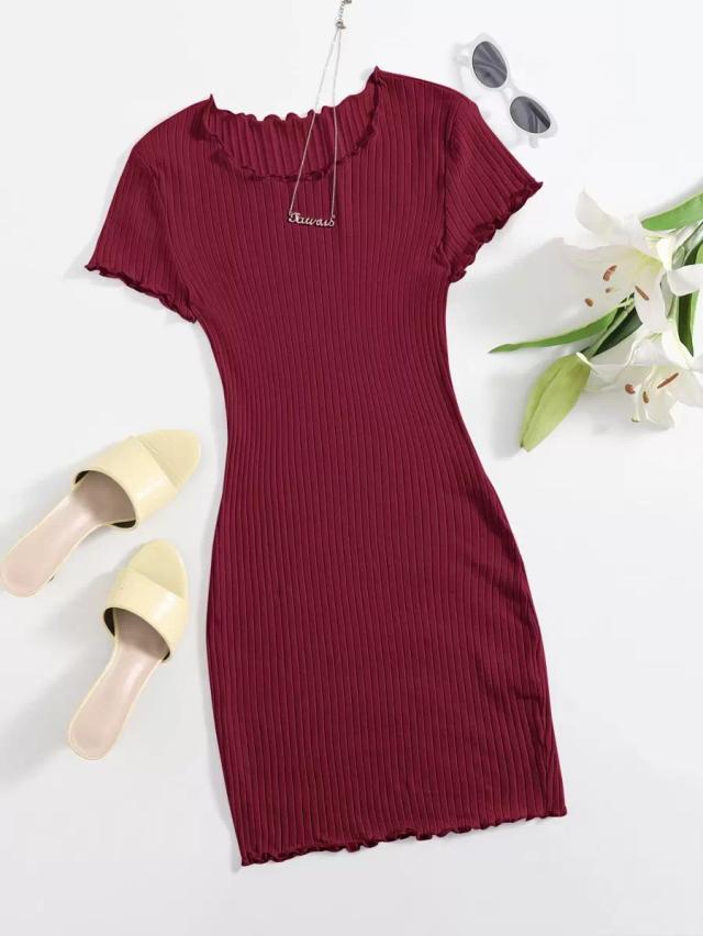 burgundy lettuce trim rib-knit bodycon dress