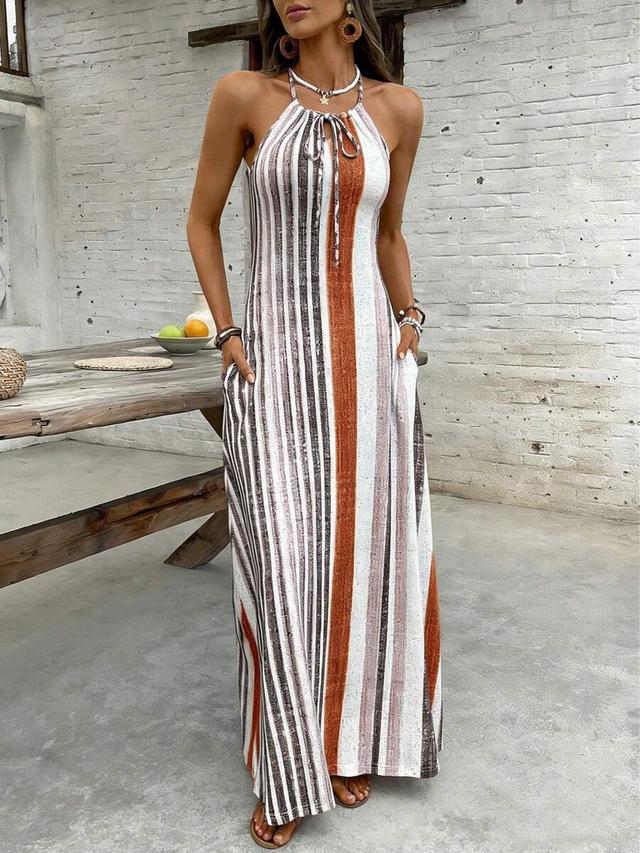 striped halter neck maxi dress with pockets
