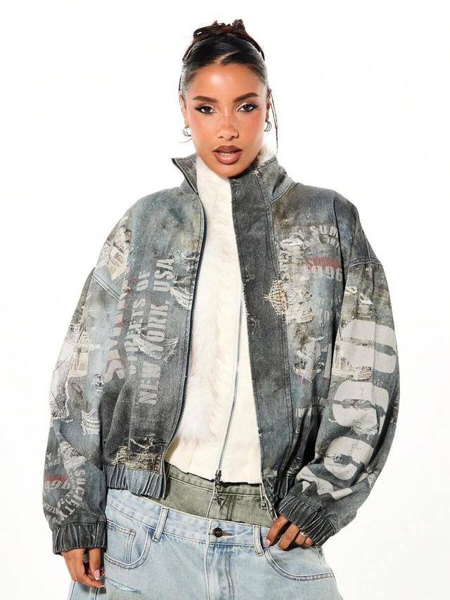 distressed graphic print denim bomber jacket