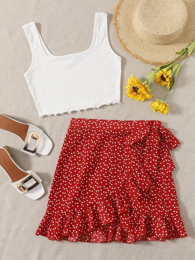 red soleia lettuce trim tank top and wrap tie skirt set