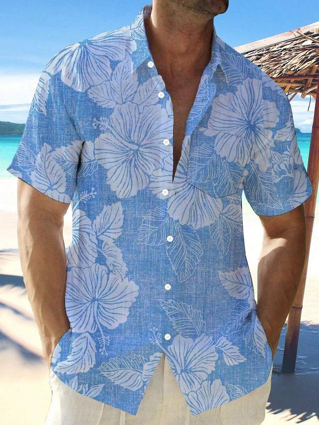 hawaiian floral texture print short sleeve button shirt