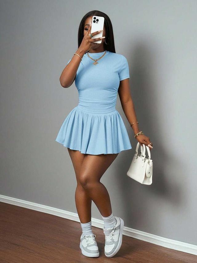 light blue ribbed knit pleated mini dress
