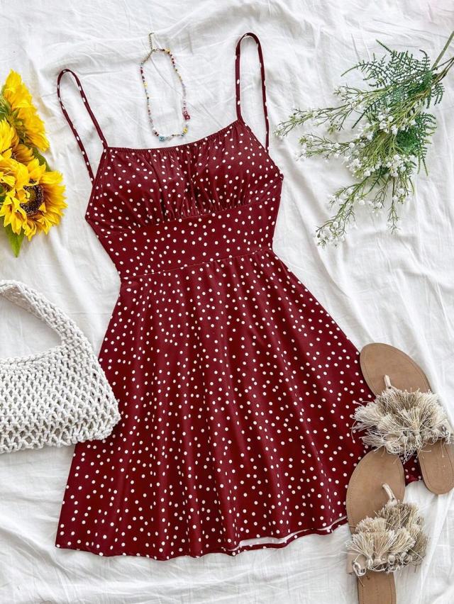 red white polka dot backless spaghetti strap mini dress