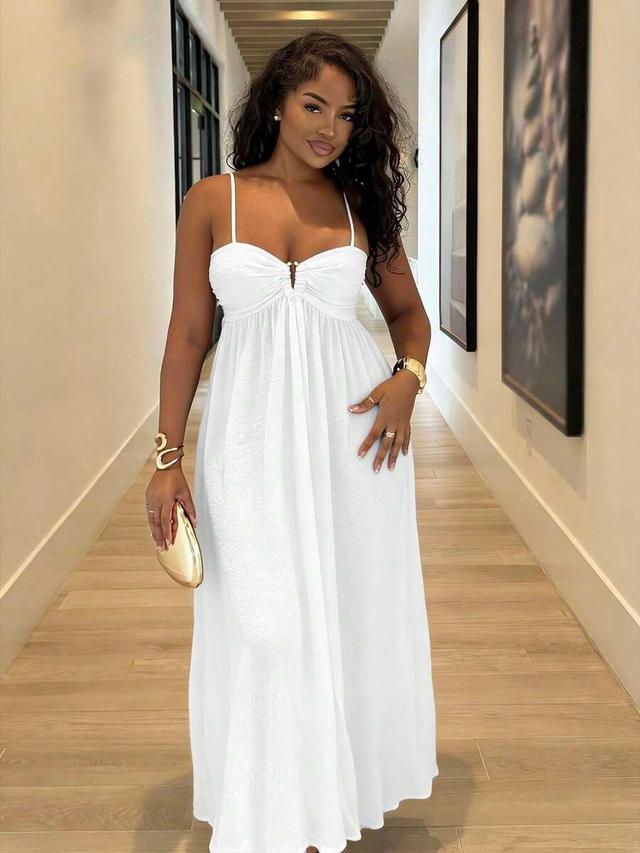 white ruched bodice spaghetti strap maxi dress