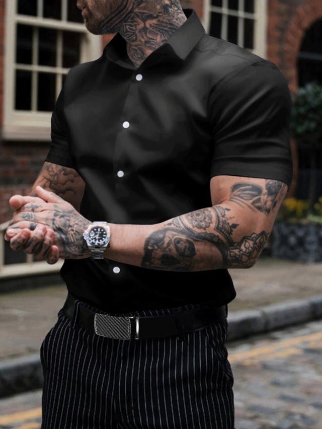 men's black satin short sleeve casual shirt