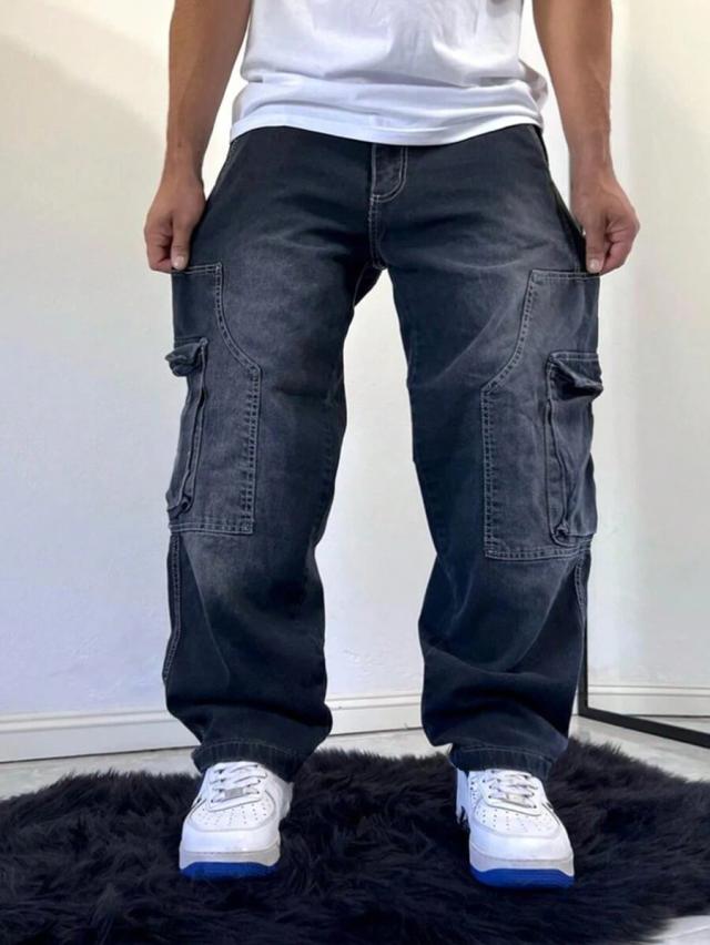 men's loose fit ombre grey denim cargo jeans