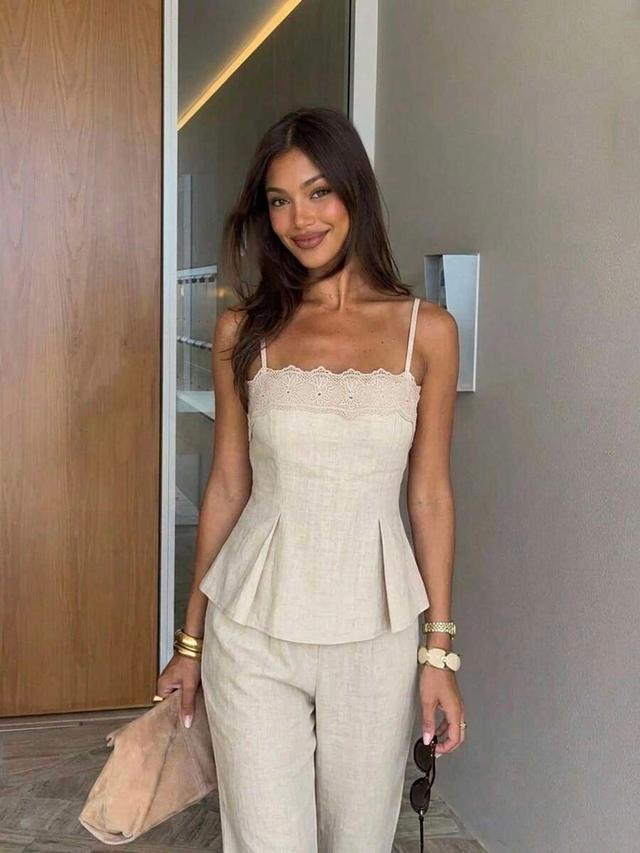 beige linen camisole with embroidered lace trim