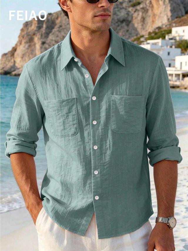 vintage coin pattern linen-look bamboo fiber button shirt