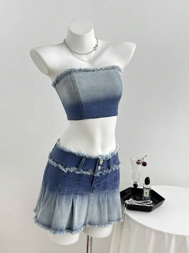 ombre denim bandeau top and pleated skirt set