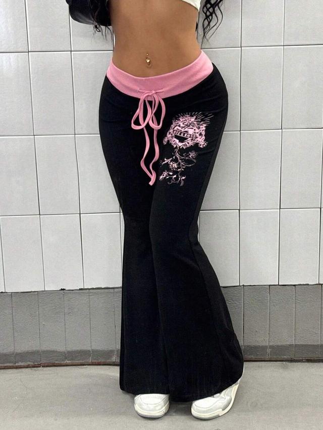black color block flare leg punk style pants