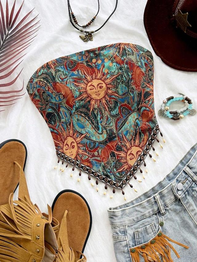 soleia women's knit print patchwork beaded tube top