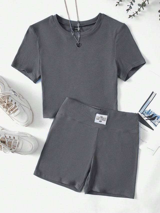 solid grey ribbed knit crew neck t-shirt
