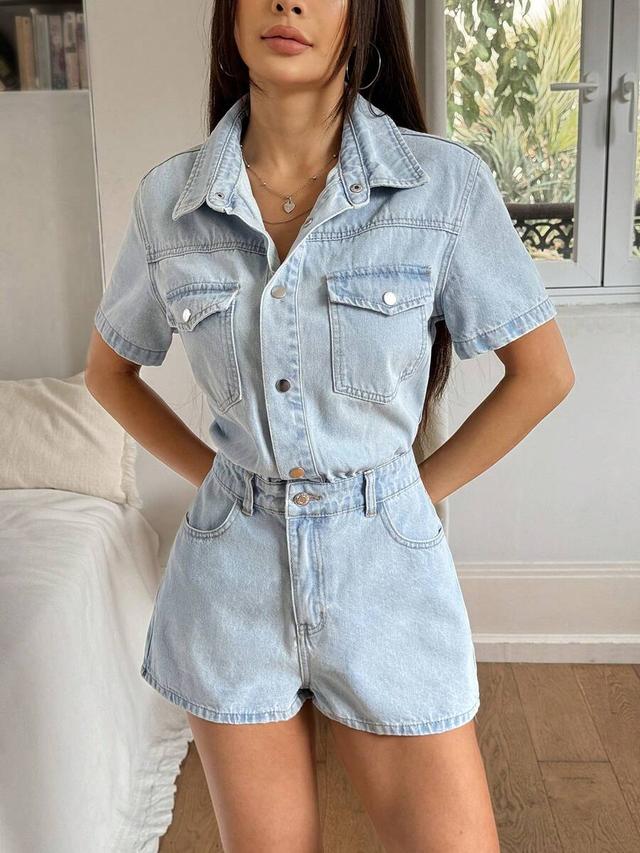 light wash denim short sleeve button-up playsuit
