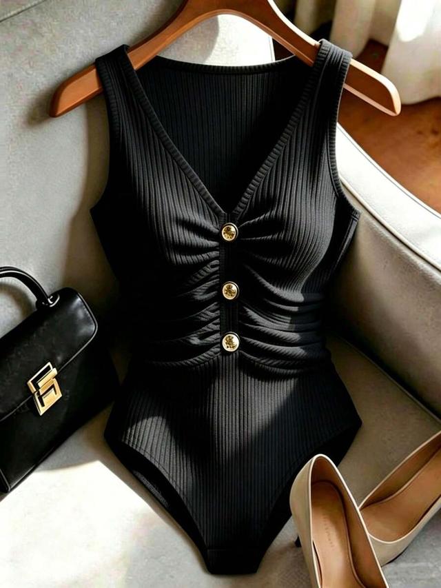 black ribbed v-neck ruched bodysuit with metal buttons