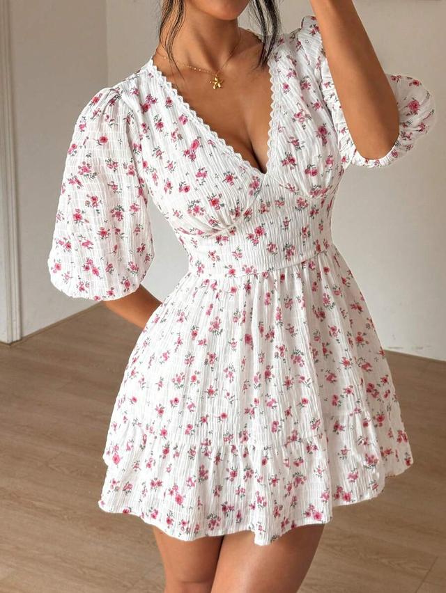 pink floral print v-neck frill trim pleated dress