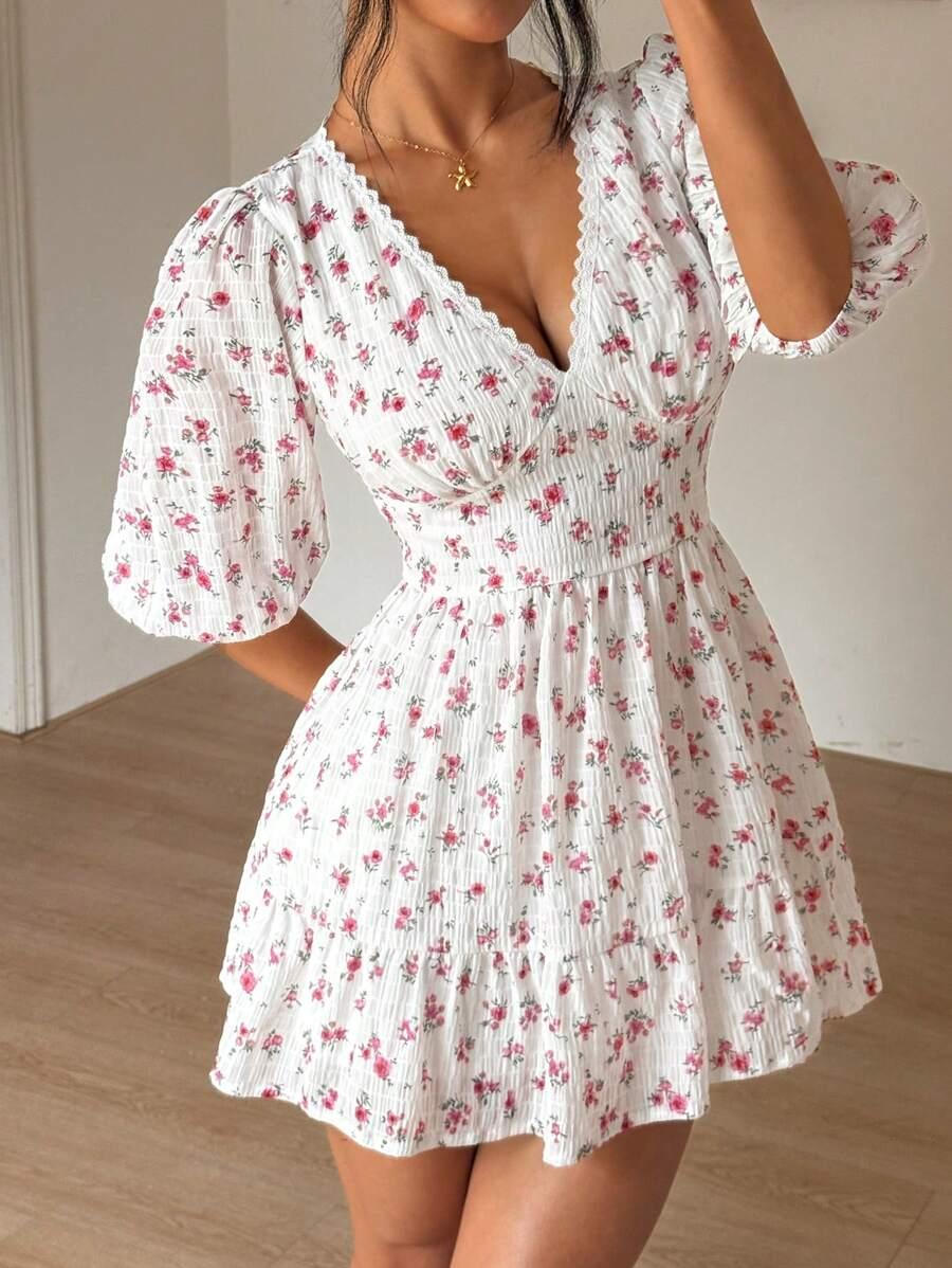 pink floral print v-neck frill trim pleated dress