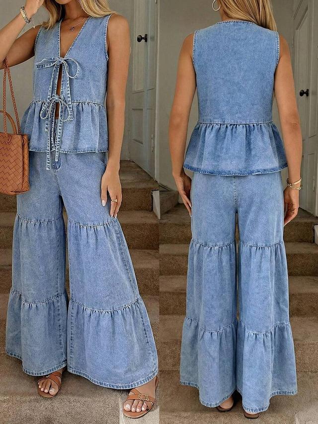 light wash denim tie-front peplum top and tiered wide-leg trousers