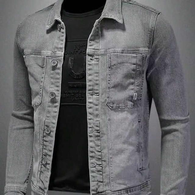 classic grey denim jacket with chest pockets