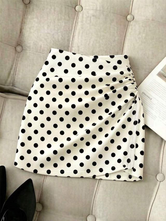 white and black polka dot ruched bodycon skirt