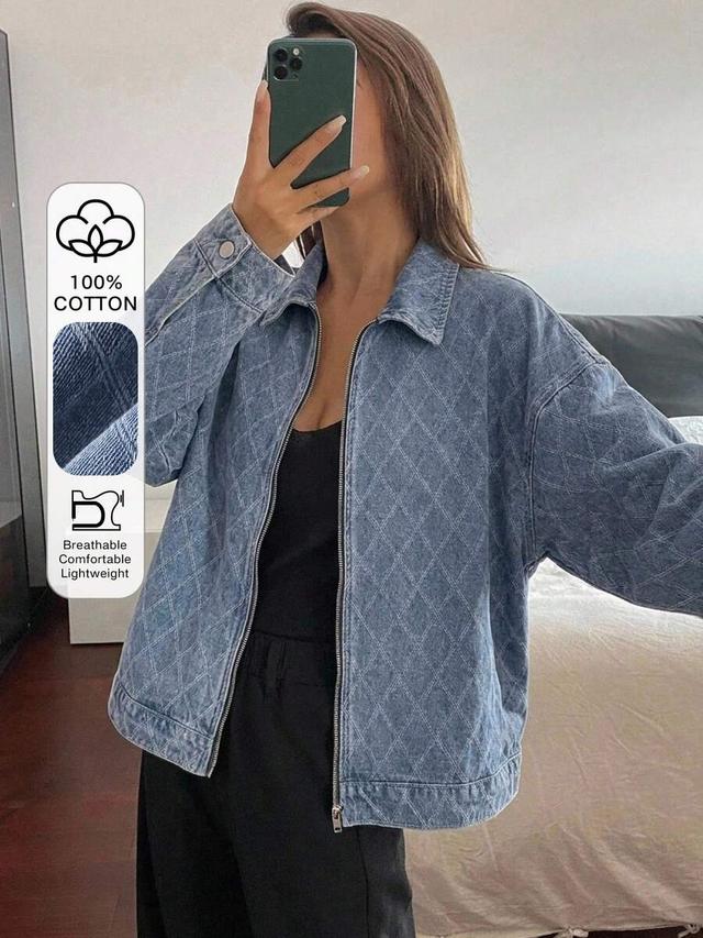 loose fit blue washed cotton denim quilted jacket